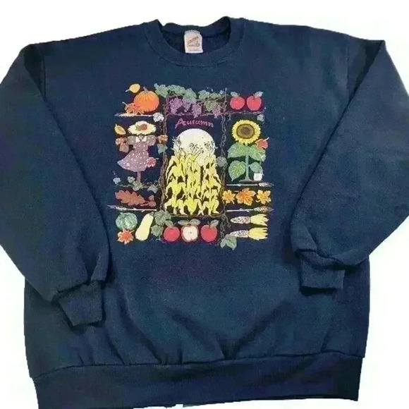 Vtg Jerzees Sweatshirt Womens XL Autumn Scarecrow Pumpkins Grandmacore 90s USA - Picture 2 of 12